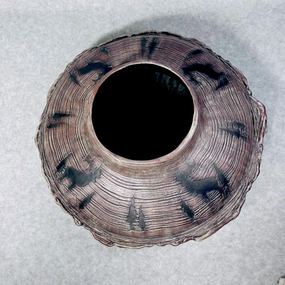 Studio Art Woodland Vase Pottery Bark Base Artist Signed‎ Cabin Elk Life Ceramic